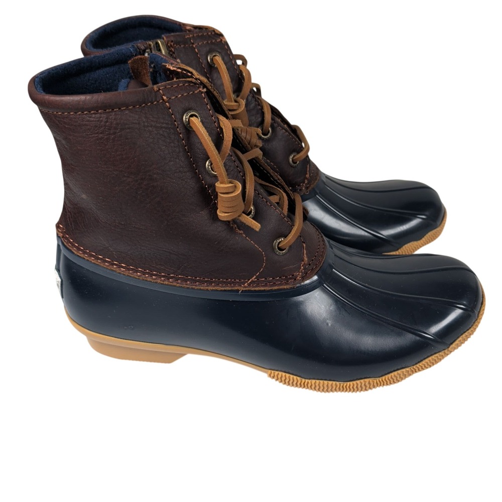 Sperry Womens 7.5 Saltwater Duck Boots Navy Brown Leather Rain Winter STS91175